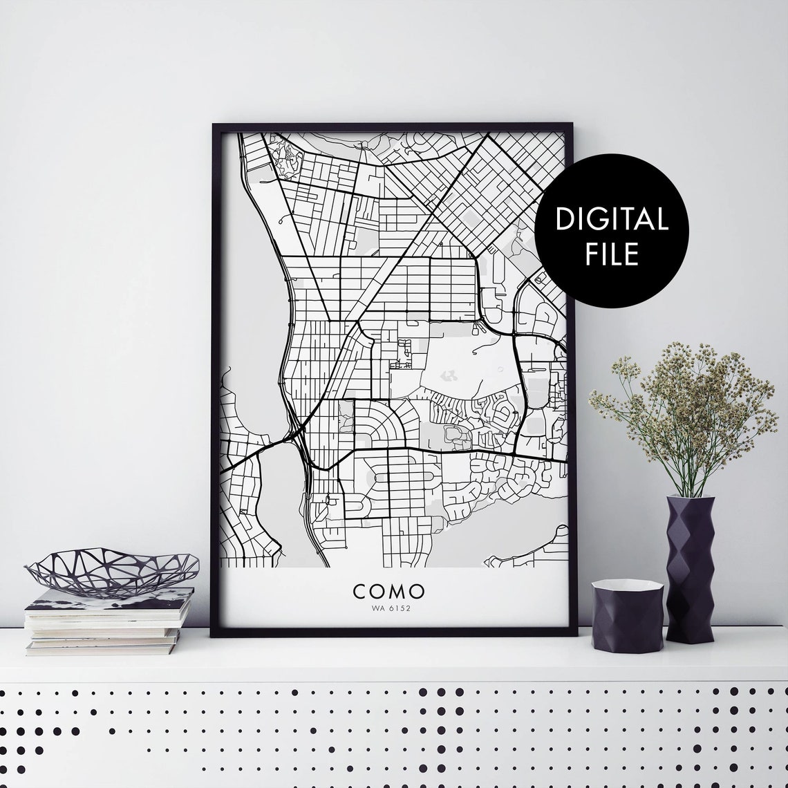 Como Perth Western Australia Black Street Map Digital File Poster