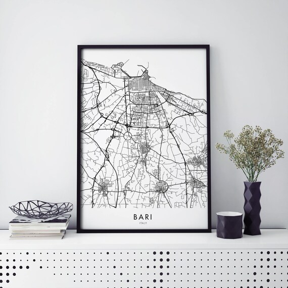Monochrome Minimalist Bari Italy City Street Map Line Poster