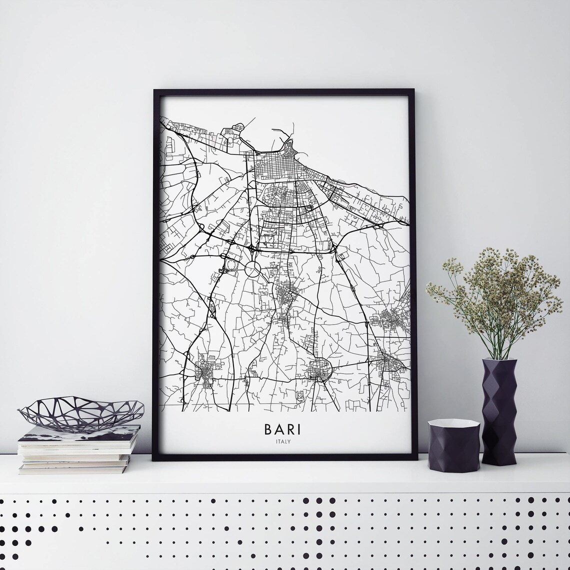 Monochrome Minimalist Bari Italy City Street Map Line Poster