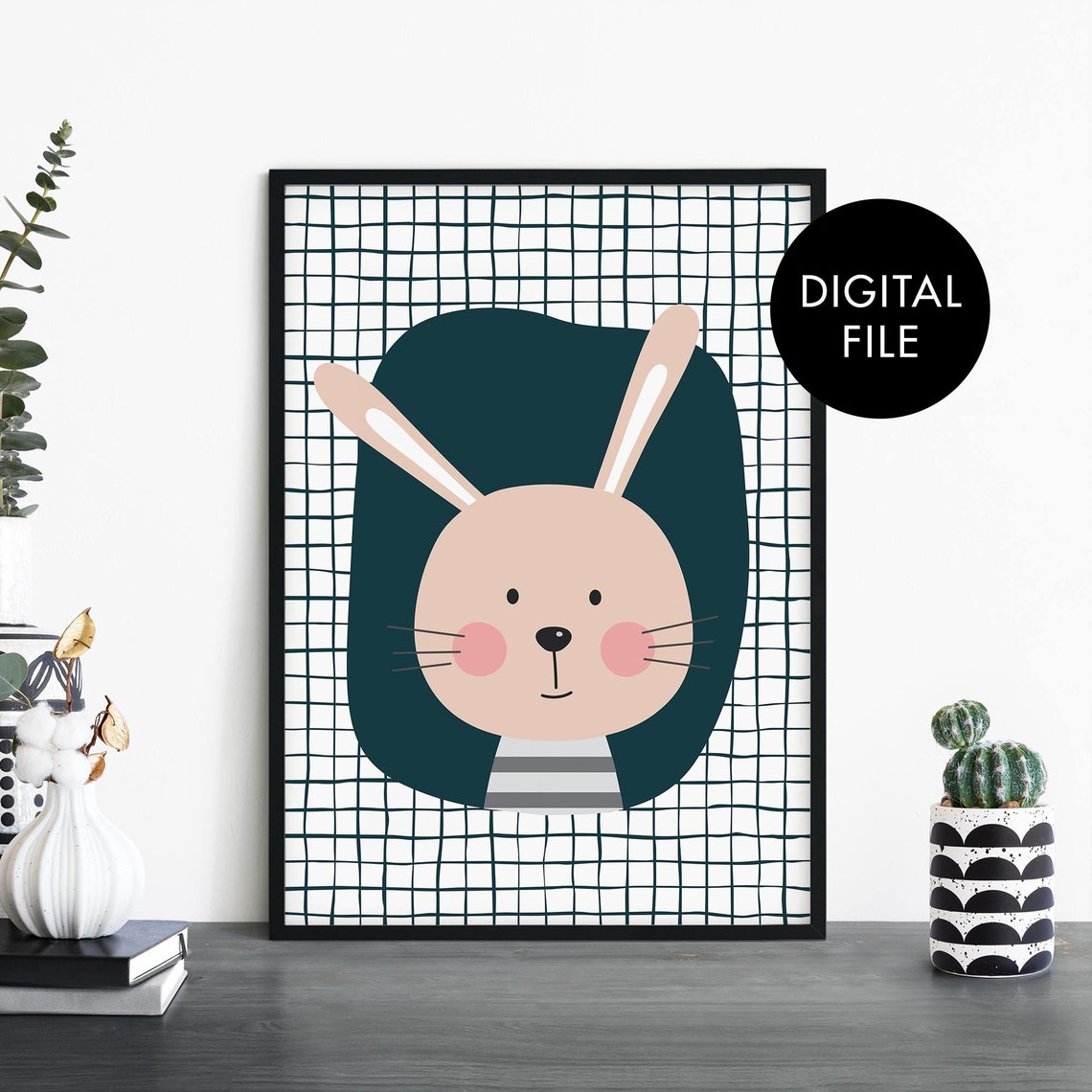 Cute Bunny Face Grid Background Nursery Kids Room Decor Poster