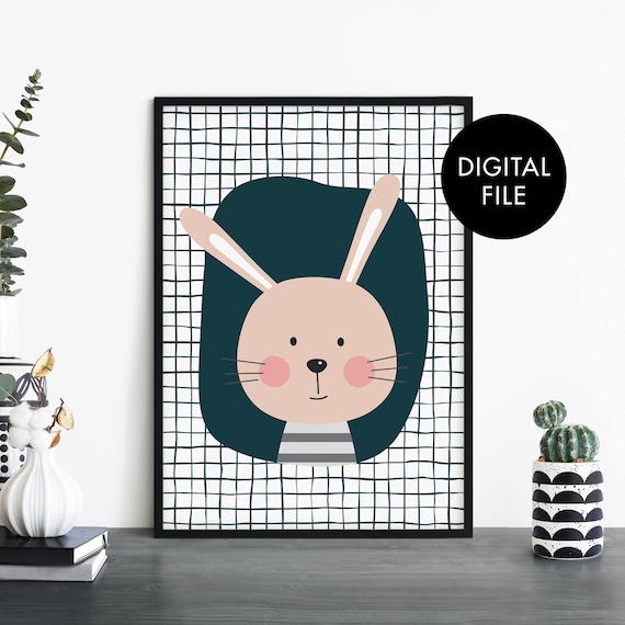 Cute Bunny Face Grid Background Nursery Kids Room Decor Poster