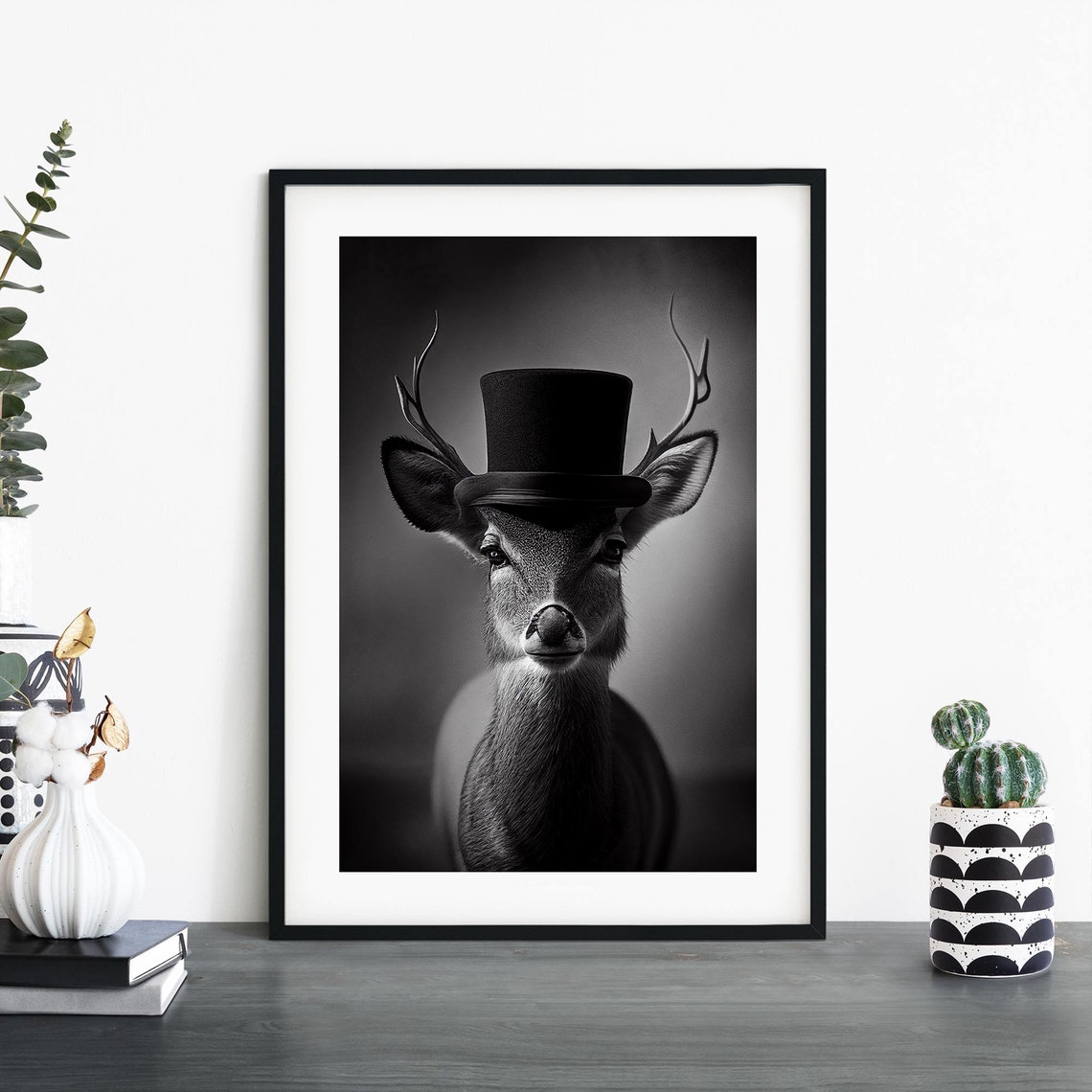 Dapper Deer In A Black Top Hat Monochrome Studio Portrait Poster