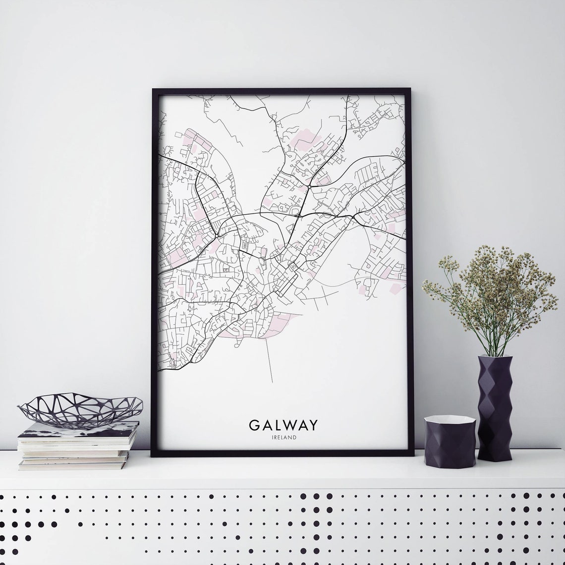 Galway Ireland Minimalist Street Map Blush Pink Irish City Poster