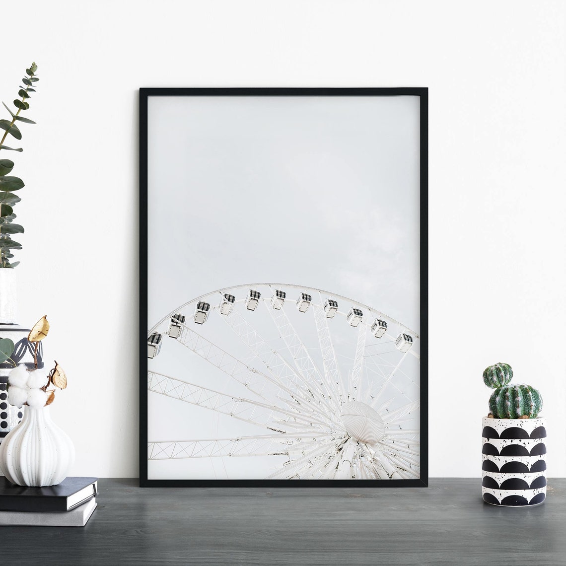White Ferris Wheel Against Pale Sky Minimalist Carnival Photo Poster