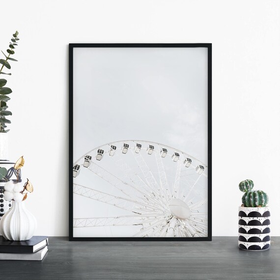 White Ferris Wheel Against Pale Sky Minimalist Carnival Photo Poster