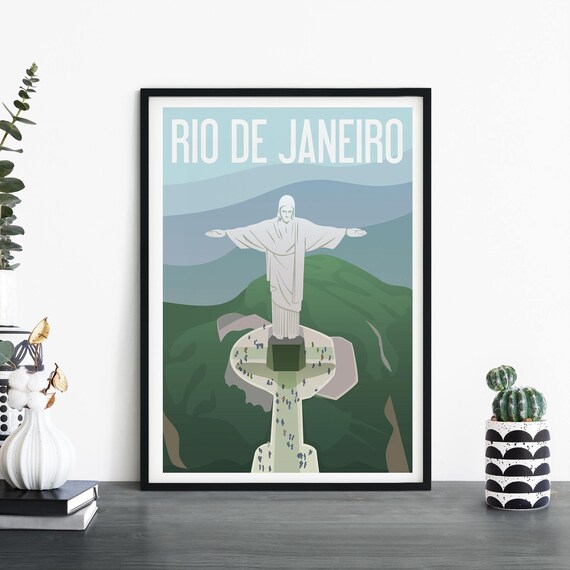 Rio De Janeiro Christ The Redeemer Daytime Blue Green Travel Decor Poster