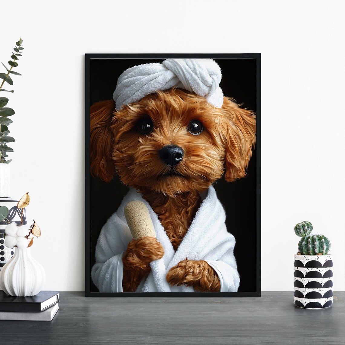 Cavoodle Puppy Spa Day With Towel Turban Cute Dog Portrait Poster