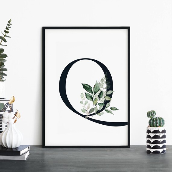 Letter Q Botanical Monogram Green Watercolor Leaves Initial Poster