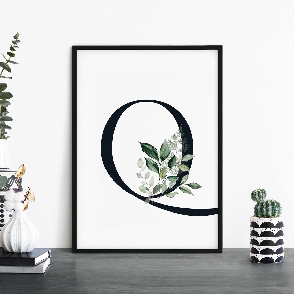 Letter Q Botanical Monogram Green Watercolor Leaves Initial Poster