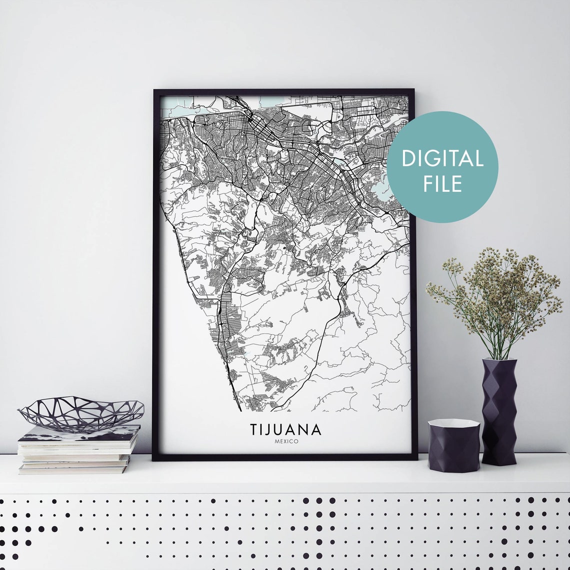 Tijuana Mexico Black White City Map Digital Download Style Poster