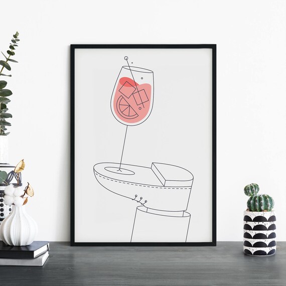 Aperol Spritz On A Shoe Quirky Line Art Cocktail Print Minimalist Decor