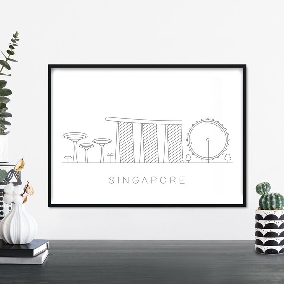 Singapore Marina Skyline Minimalist Line Drawing Travel Poster