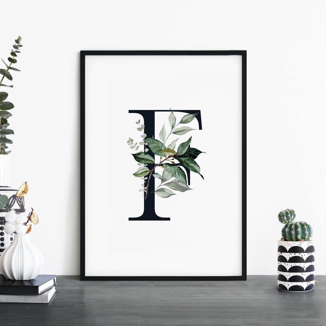 Botanical Letter F Monogram Print with Watercolor Green Foliage