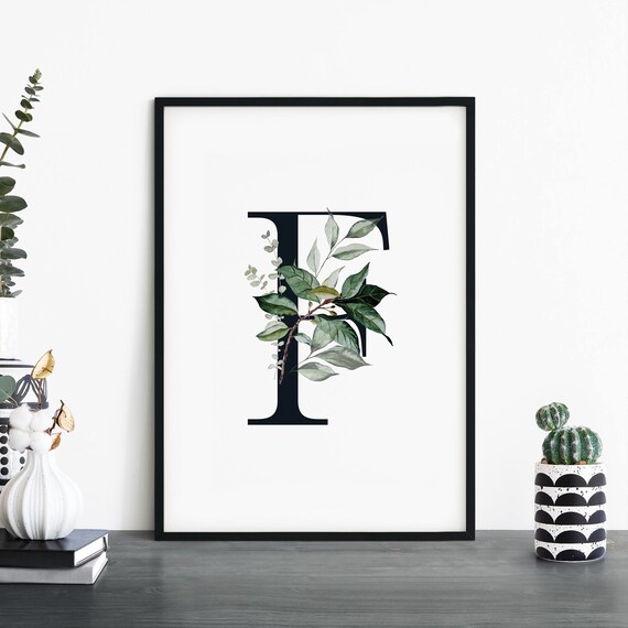 Botanical Letter F Monogram Print with Watercolor Green Foliage