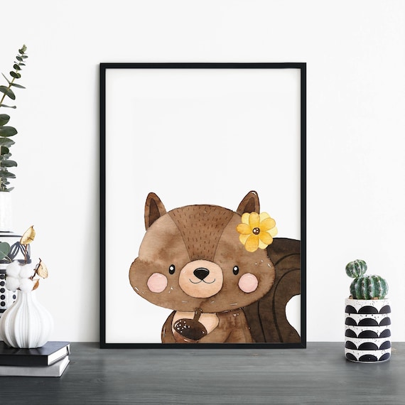 Flowery Squirrel Animal Watercolour Kids Childrens Print Wall Art 4x6 5x7 A4 A3 A2 A1