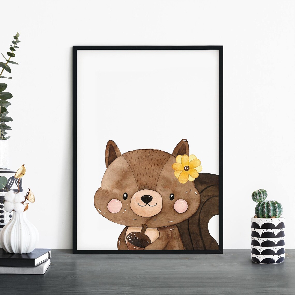 Cute Squirrel With Yellow Flower And Acorn Watercolour Kids Art Poster