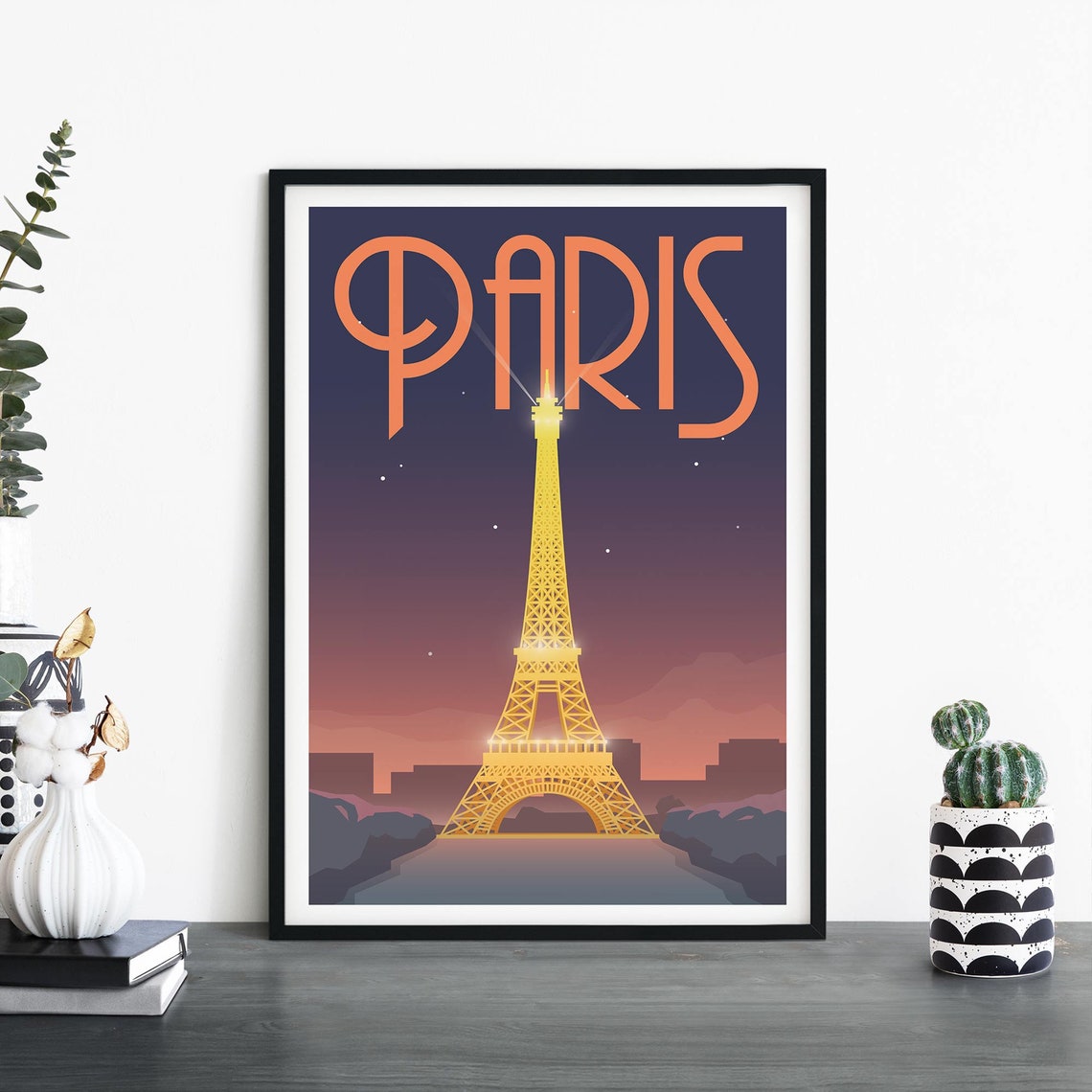 Paris Eiffel Tower Glittering Night Art Deco Style Travel Poster