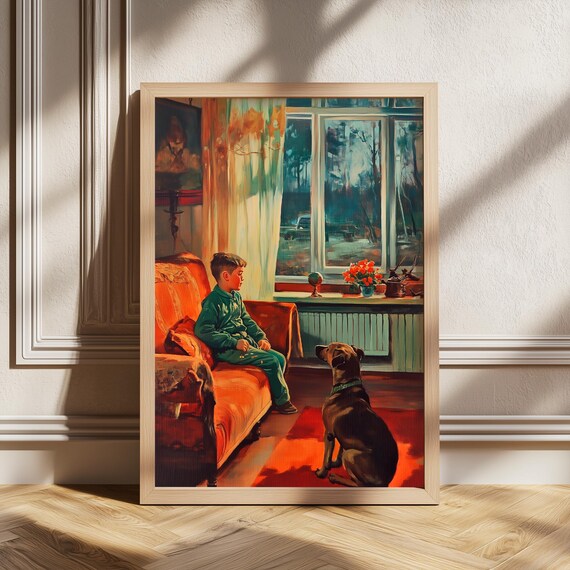 Vintage Poster Retro Art Print Classic Illustration Nostalgic Decor Boy And Dog Cozy Interior Warm Tones Midcentury Style
