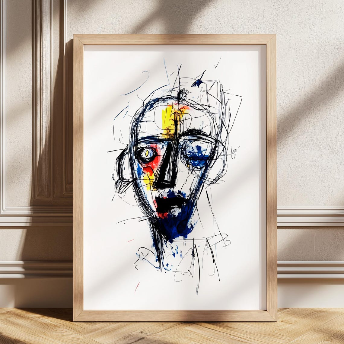 Abstract Face Sketch Portrait Print With Ink Lines And Color Accents