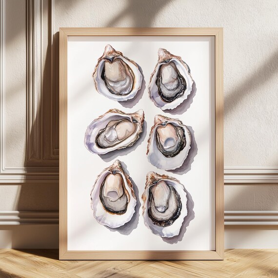 Oysters On Half Shell Watercolor Seafood Coastal Kitchen Art Poster