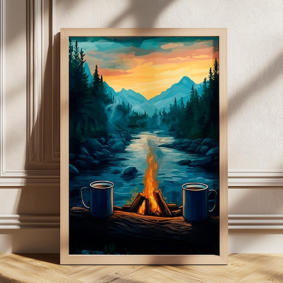 Campfire By Mountain River At Sunset Outdoor Adventure Poster