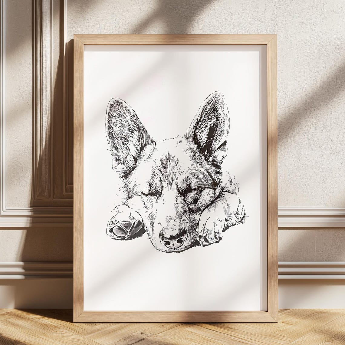 German Shepherd Sleeping Puppy Ink Sketch Dog Portrait Poster