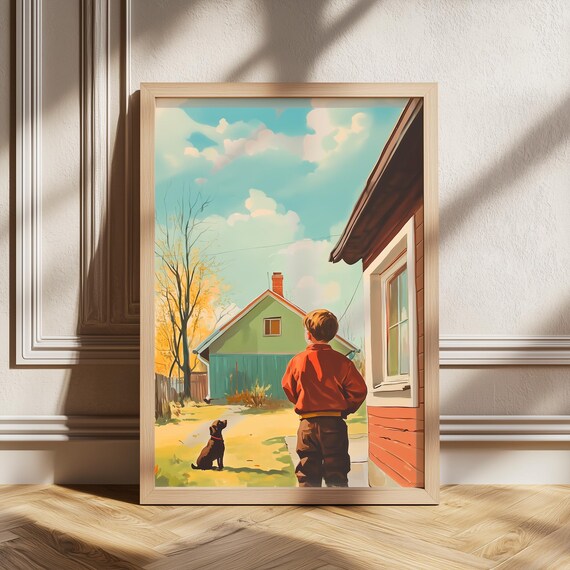 Boy and Dog at the Country House Retro Autumn Illustration Poster