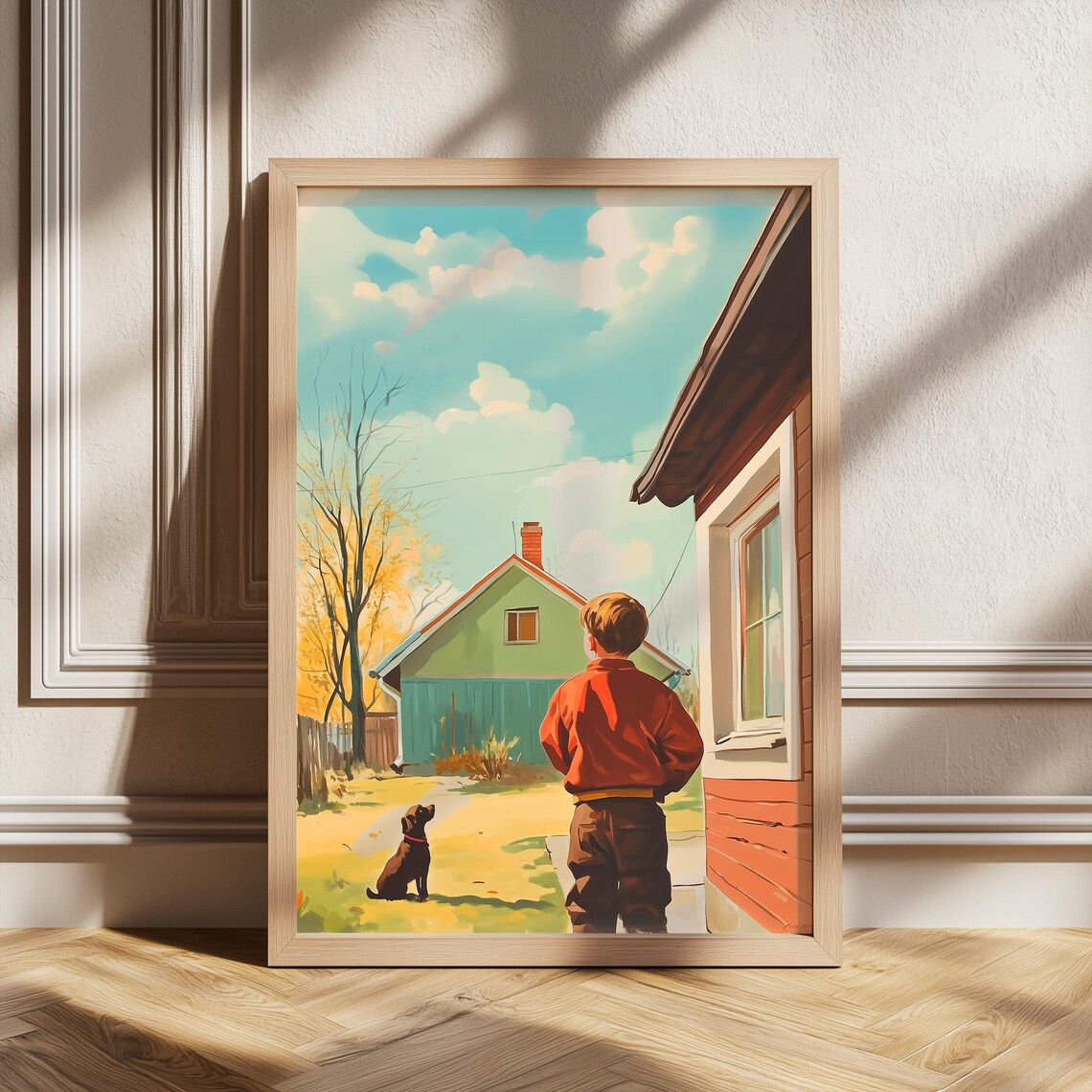 Boy and Dog at the Country House Retro Autumn Illustration Poster