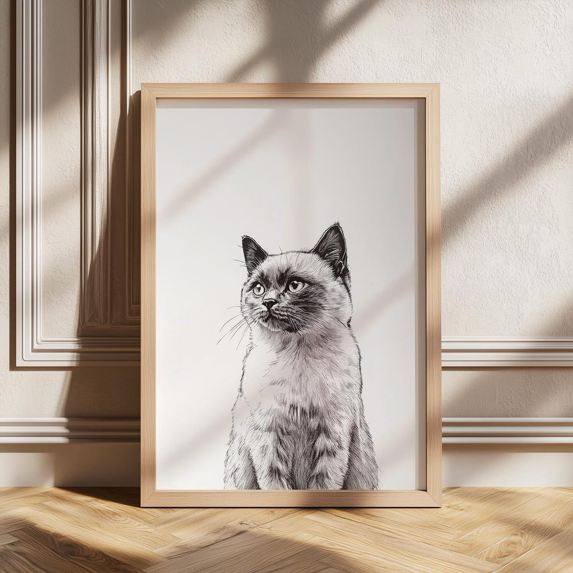 Siamese Cat Line Drawing Print With Sitting Colorpoint Kitten Art