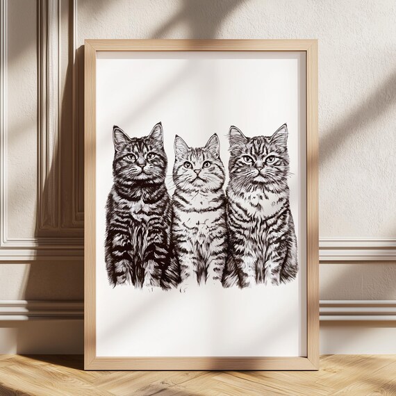 3 Cats Poster Vintage Print Retro Kitty Wall Art Animal Nursery Cat Drawing Lover Gift Antique Sketch