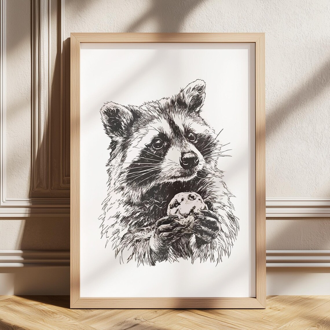 Curious Raccoon Holding a Cookie Charming Black and White Sketch Animal Poster for Kids