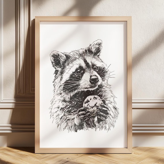 Raccoon Eating Cookie Drawing Vintage Print Wall Art Antique Retro Painting Horizontal Nursery Decor