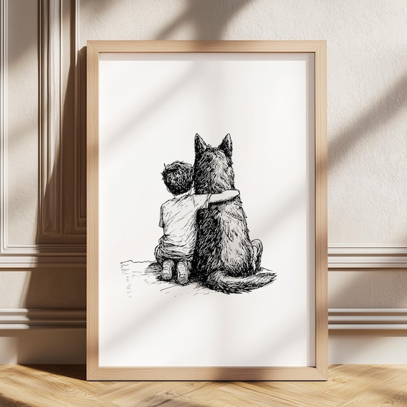 Boy And Dog Sitting Back View Sketch German Shepherd Kids Poster