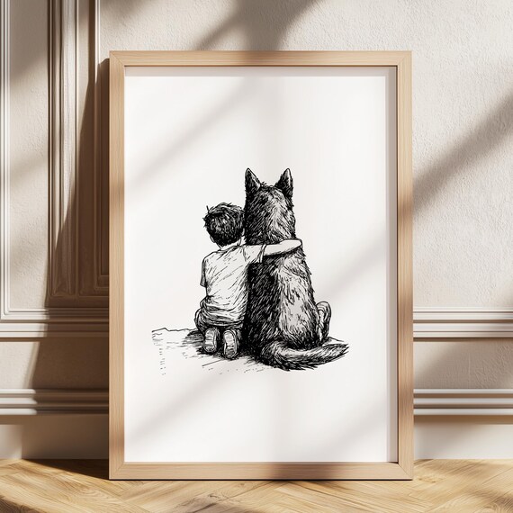 Little Boy With Puppy Dog Print Sketch Art Nursery Vintage Poster Retro Drawing Kids Room Decor Boys