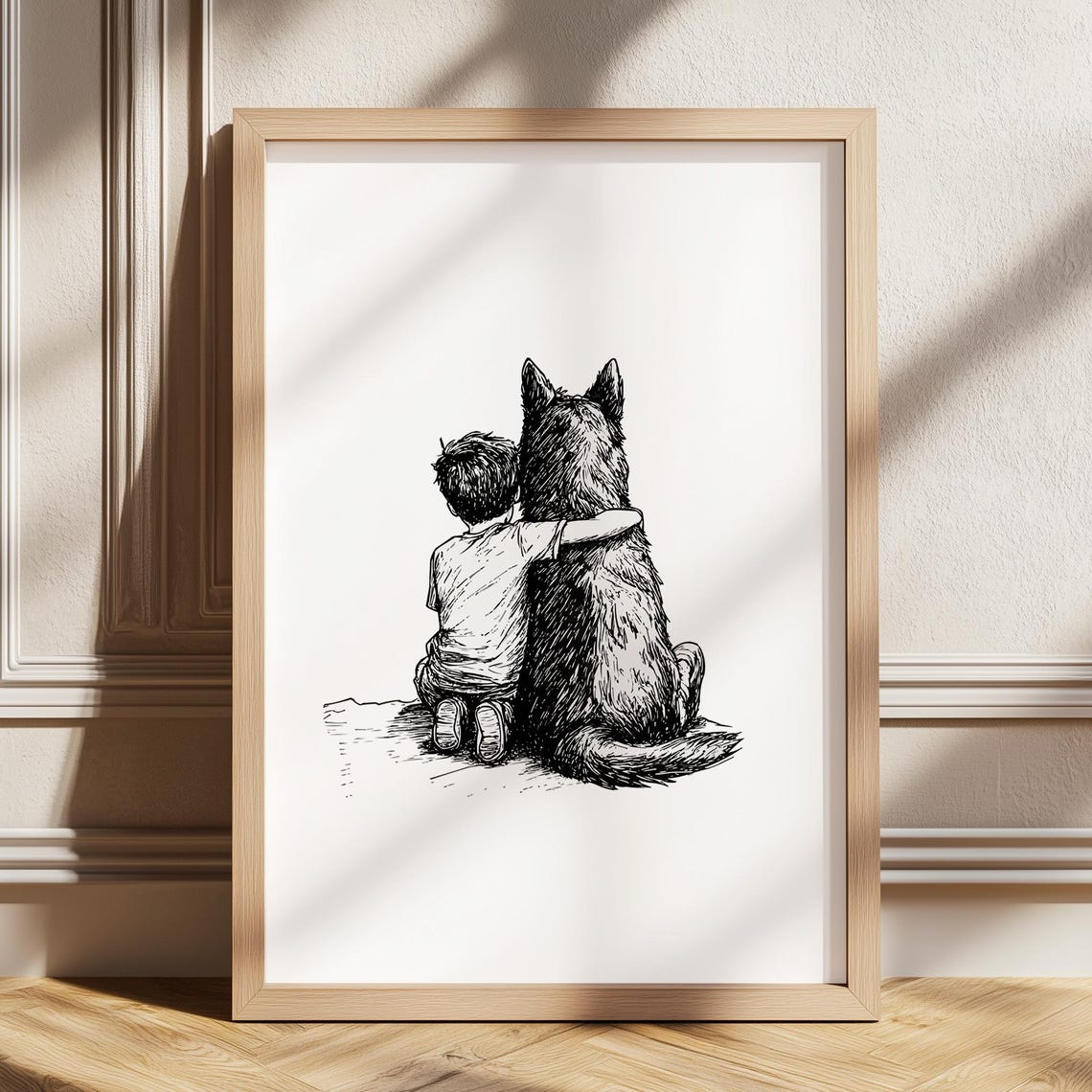 Boy And Dog Sitting Back View Sketch German Shepherd Kids Poster