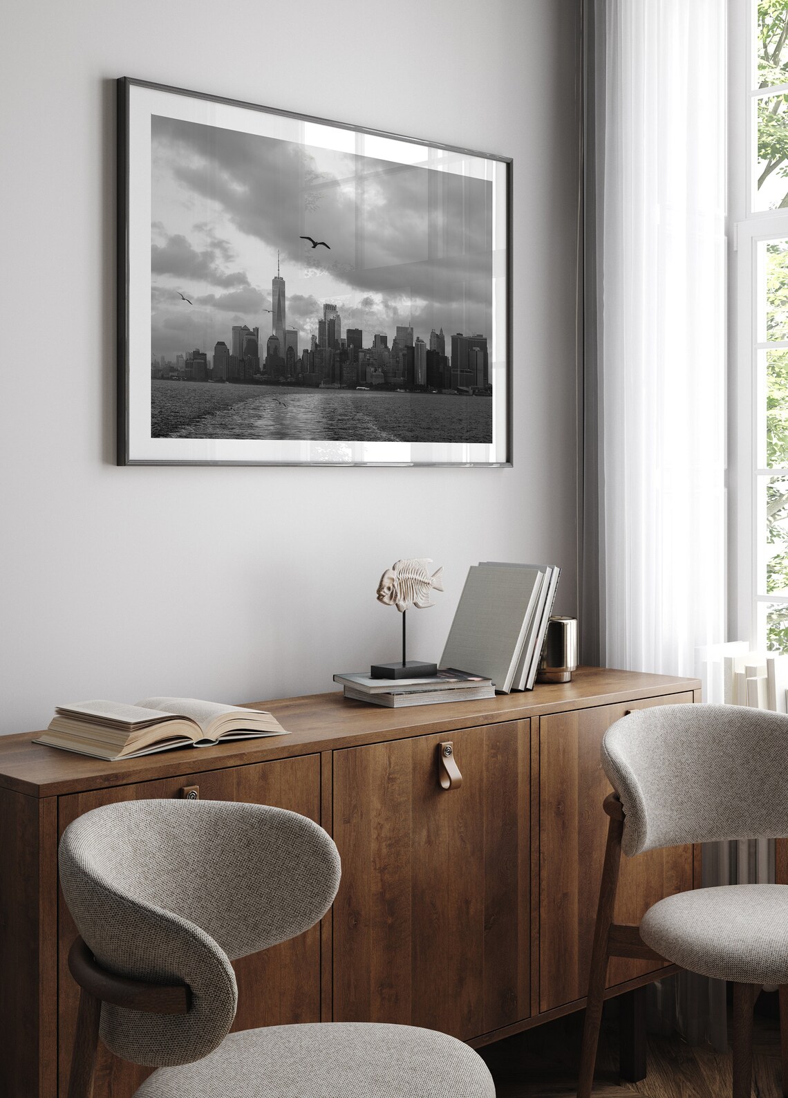 Manhattan Skyline Hudson River Black And White Cityscape Photography Poster - Image 3