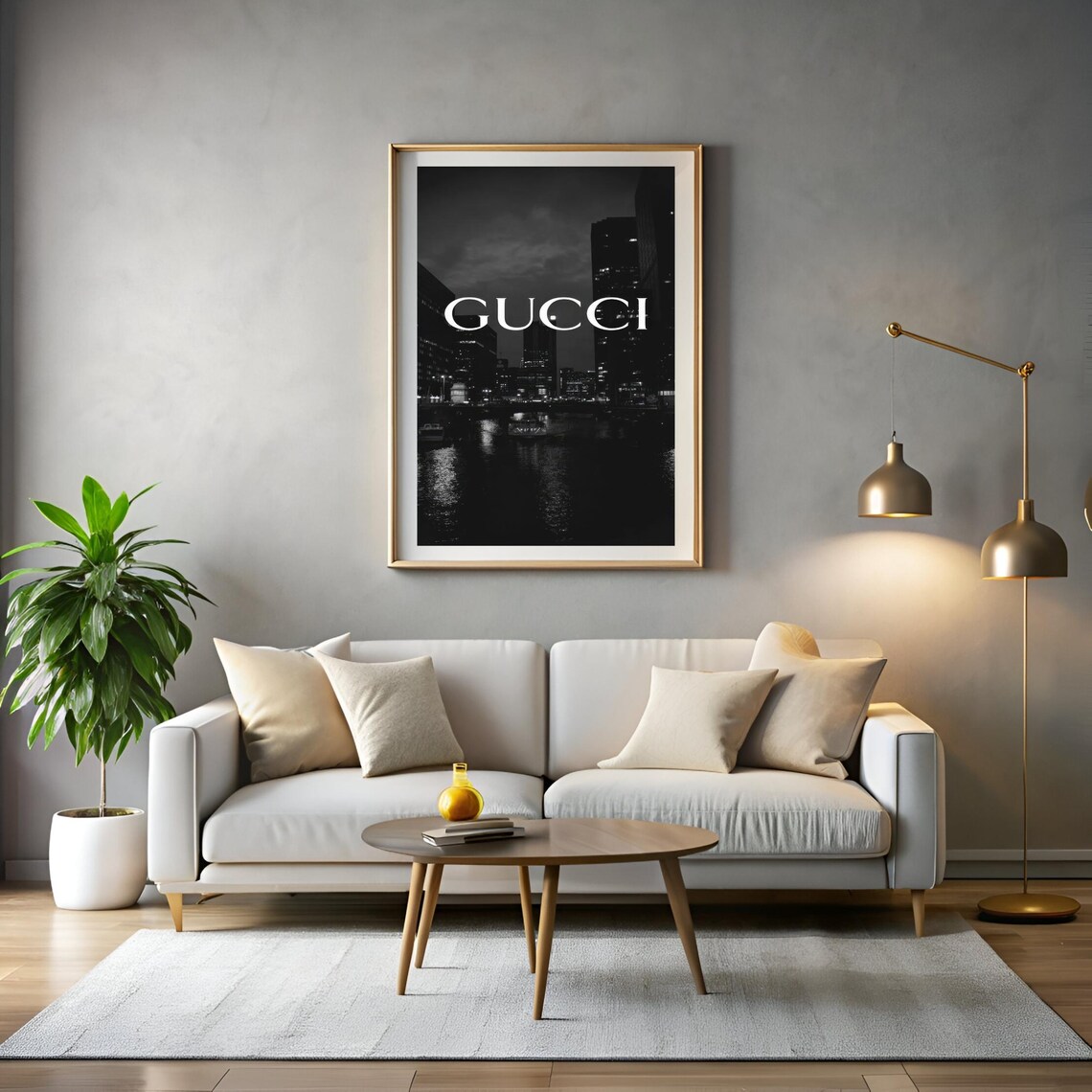 Gucci Black And White Night City Skyline Over Water Fashion Poster - Image 2