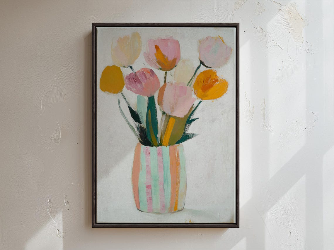 Modern Pastel Tulips Floral Painting in Striped Vase Wall Art
