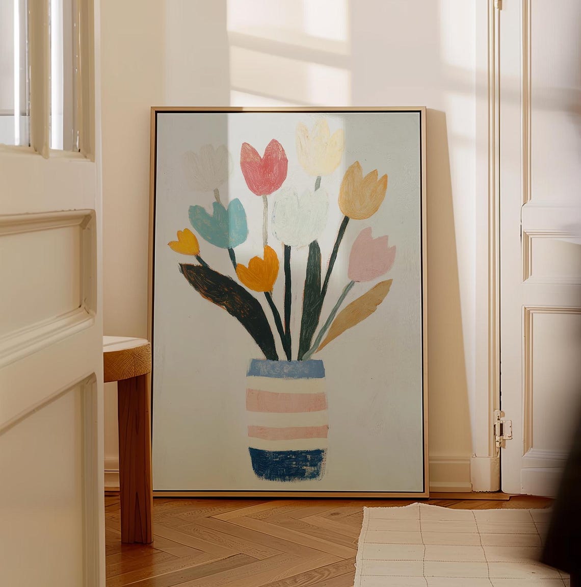 Colorful Tulips in Striped Vase Modern Floral Painting Wall Art