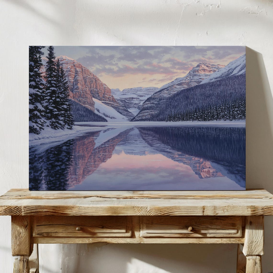 Winter Mountain Lake Mirror Reflection at Soft Pink Dusk Poster - Image 5