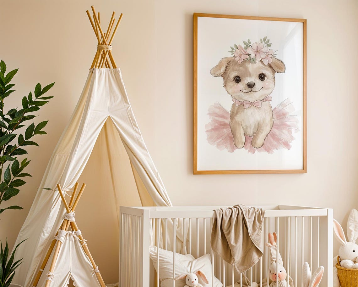 Sweet Ballerina Puppy Watercolor Nursery Wall Art Pink Tutu Crown