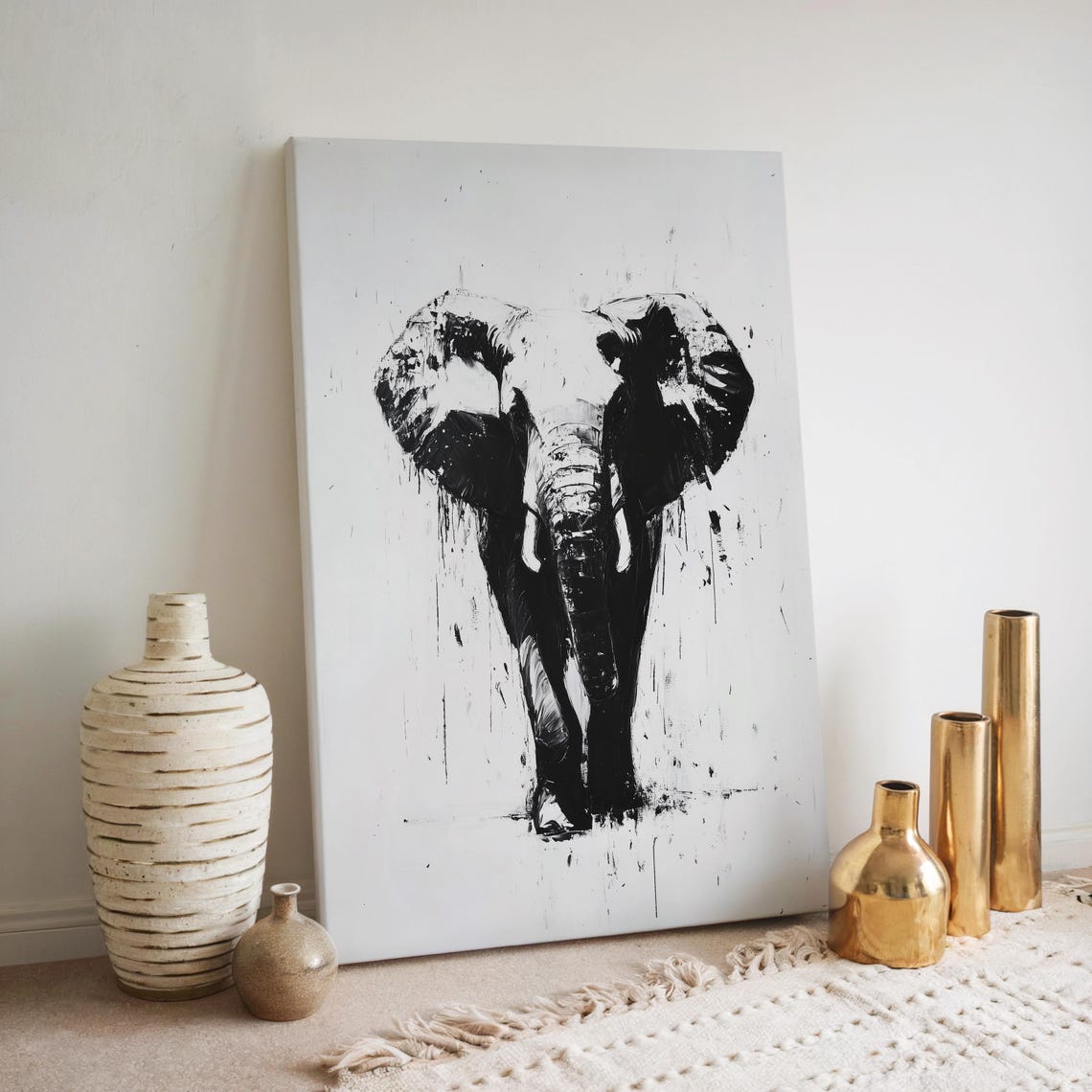 Striking Abstract Black and White Elephant Head Modern Art Poster - Image 4