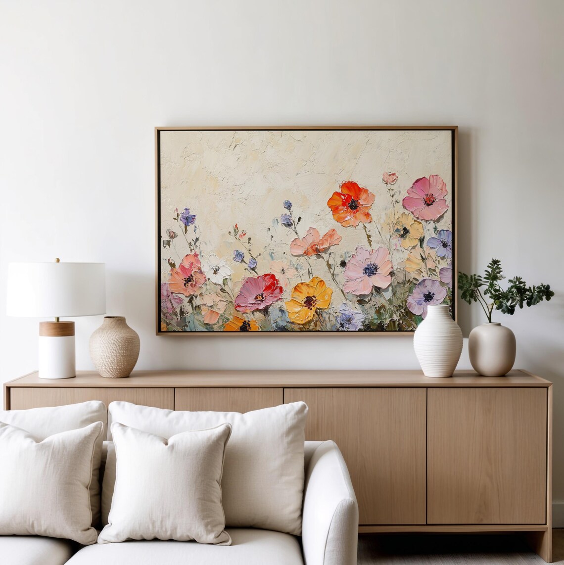 Textured Oil Painting of Coral Poppies on a Cream Canvas Poster - Image 5
