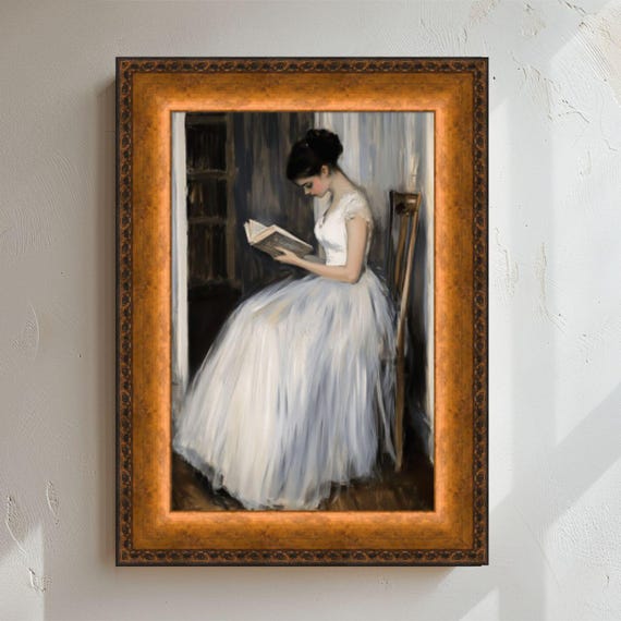 Woman Reading Oil Painting Print Eclectic Vintage Home Decor Moody Antique Portrait Wall Art Elegant Victorian Art Print