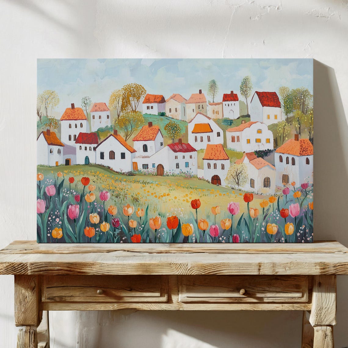 Quaint Hillside Village Above a Tulip Meadow Landscape Poster
