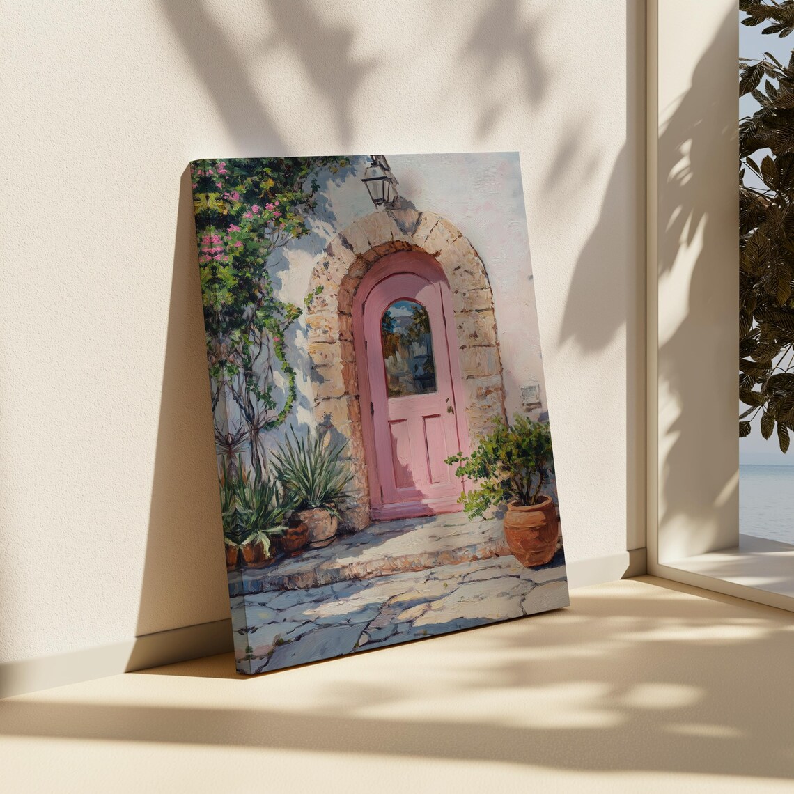 Pink Door Painting Greek Architecture Art Lush Greenery Art Stone Archway Wall Decor Travel Poster Style Art European Street Scene - Image 3