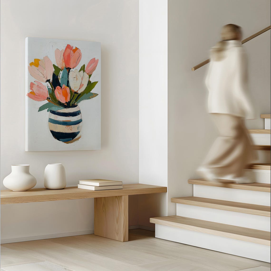 Pink and Coral Tulips in Striped Vase Modern Floral Painting Wall Art - Image 2