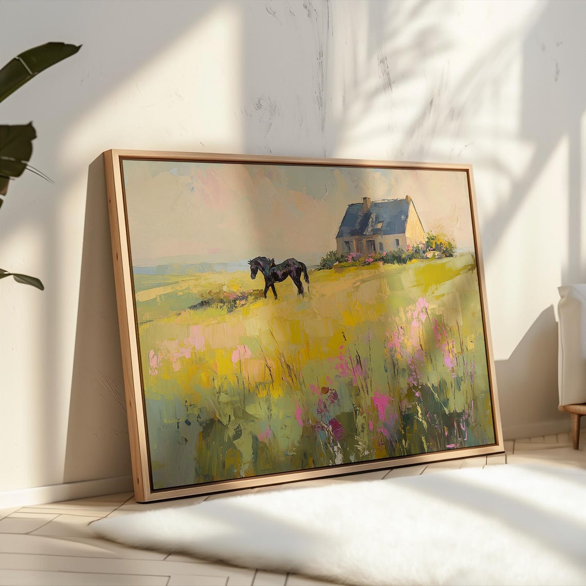 Black Horse by a Stone Cottage in a Sunny Flower Meadow Poster - Image 2