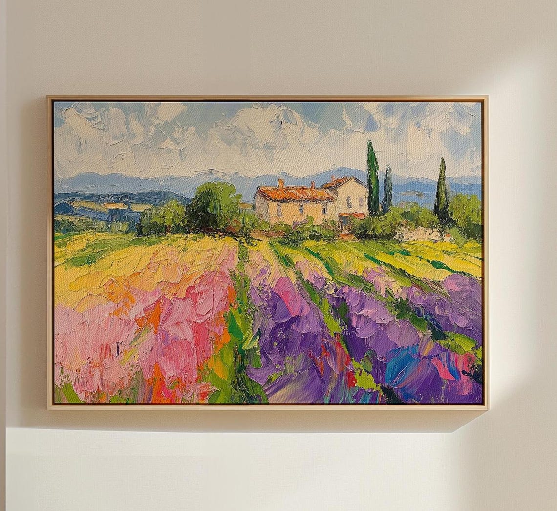 Rustic Farmhouse Among Lavender and Flower Fields Art Poster