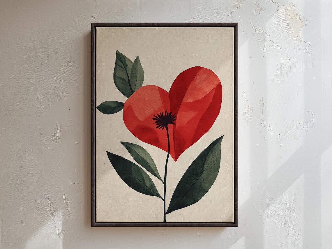 Heart Shaped Red Blooming Flower Minimalist Boho Floral Art Poster - Image 3